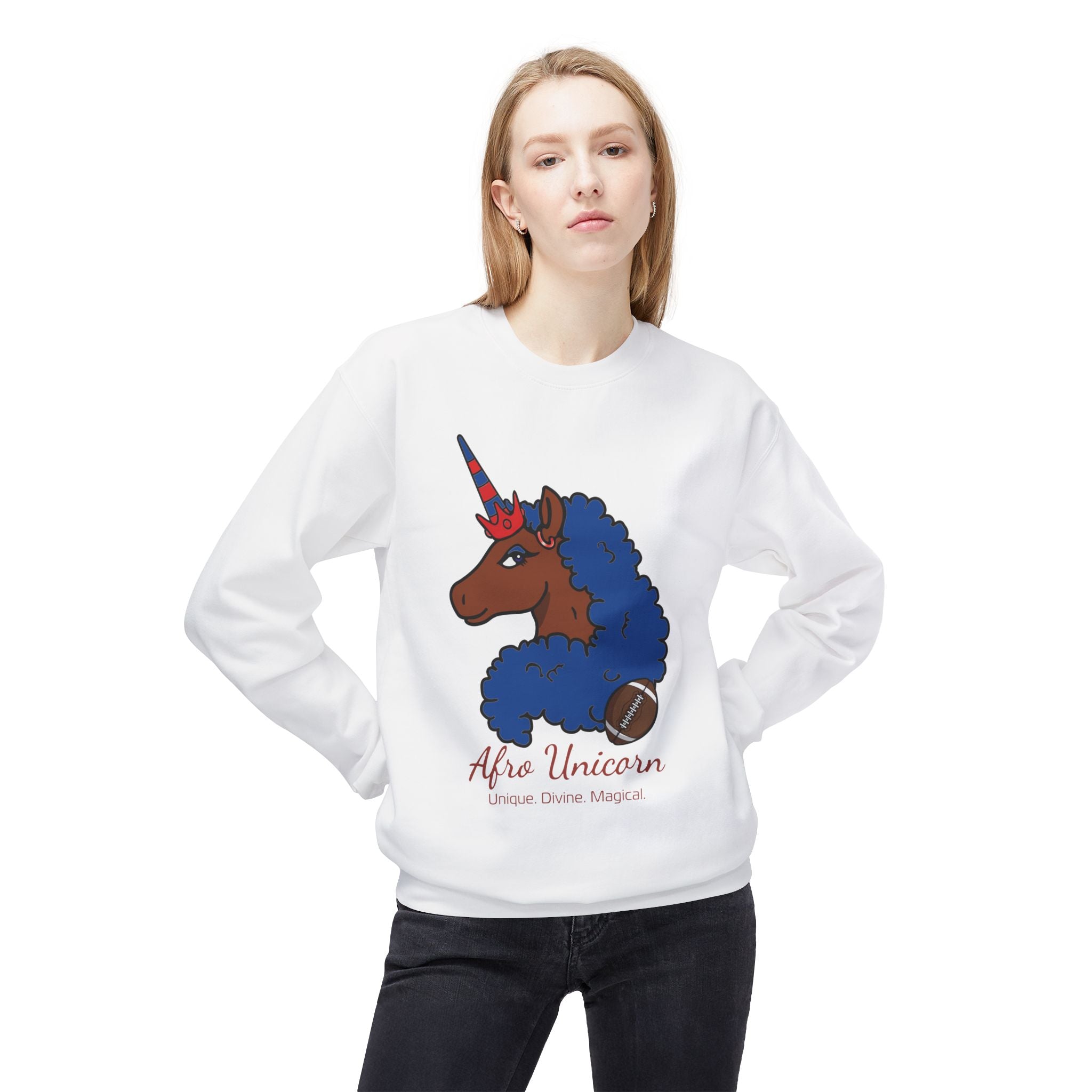 Afro Unicorn Fan Favs Sweatshirt – Buffalo Royal Blue & Red