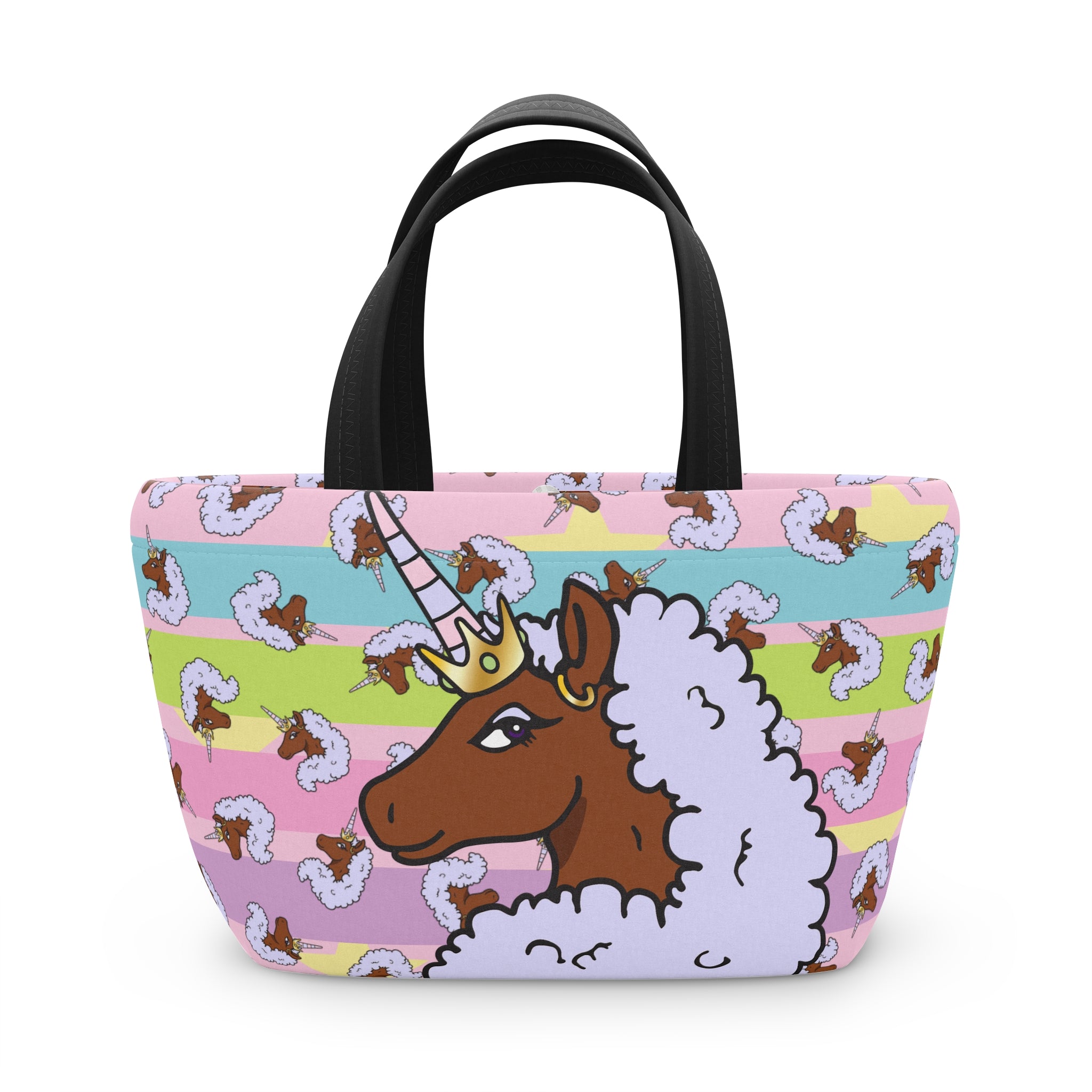 Afro Unicorn Lunch Bag — Cute Pastel Striped Insulated Tote