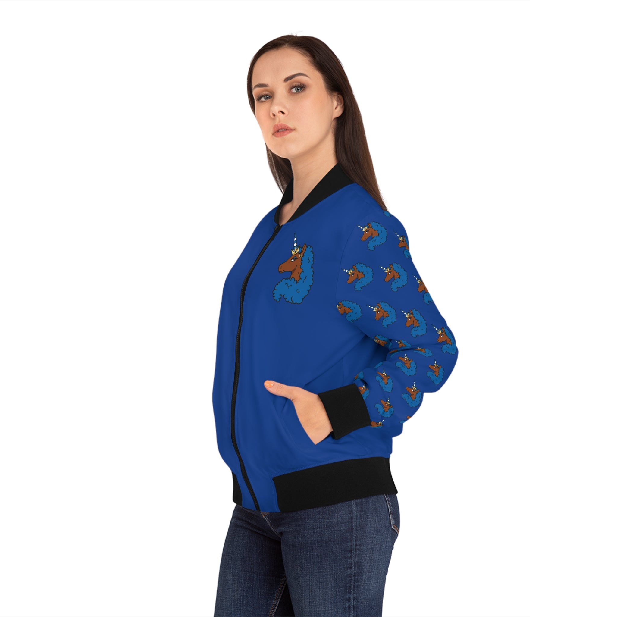 Afro Unicorn Royal Blue & White Women's Bomber Jacket — Lightweight