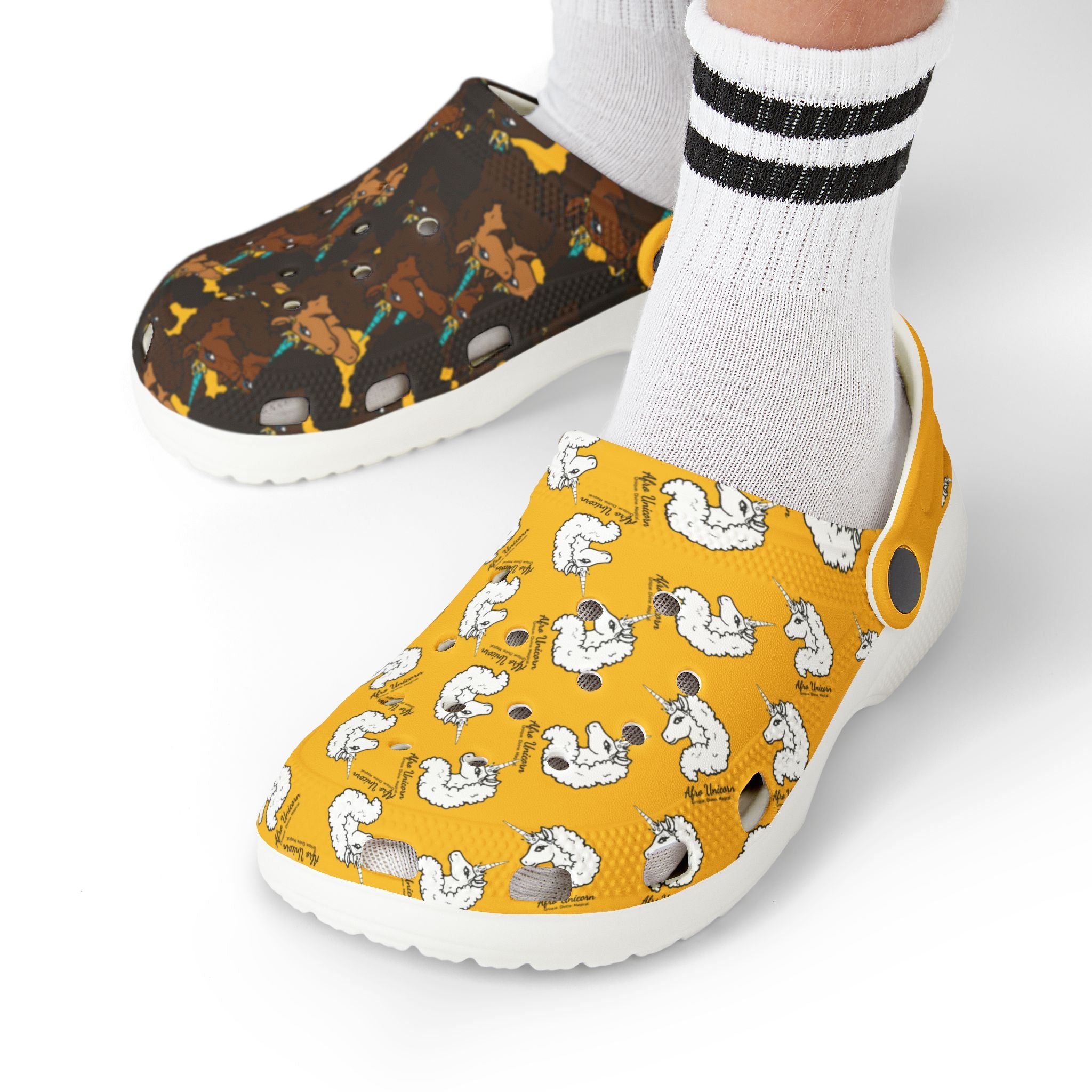 Kid's Foam Clogs - Mismatched Afro Unicorn Yellow Design
