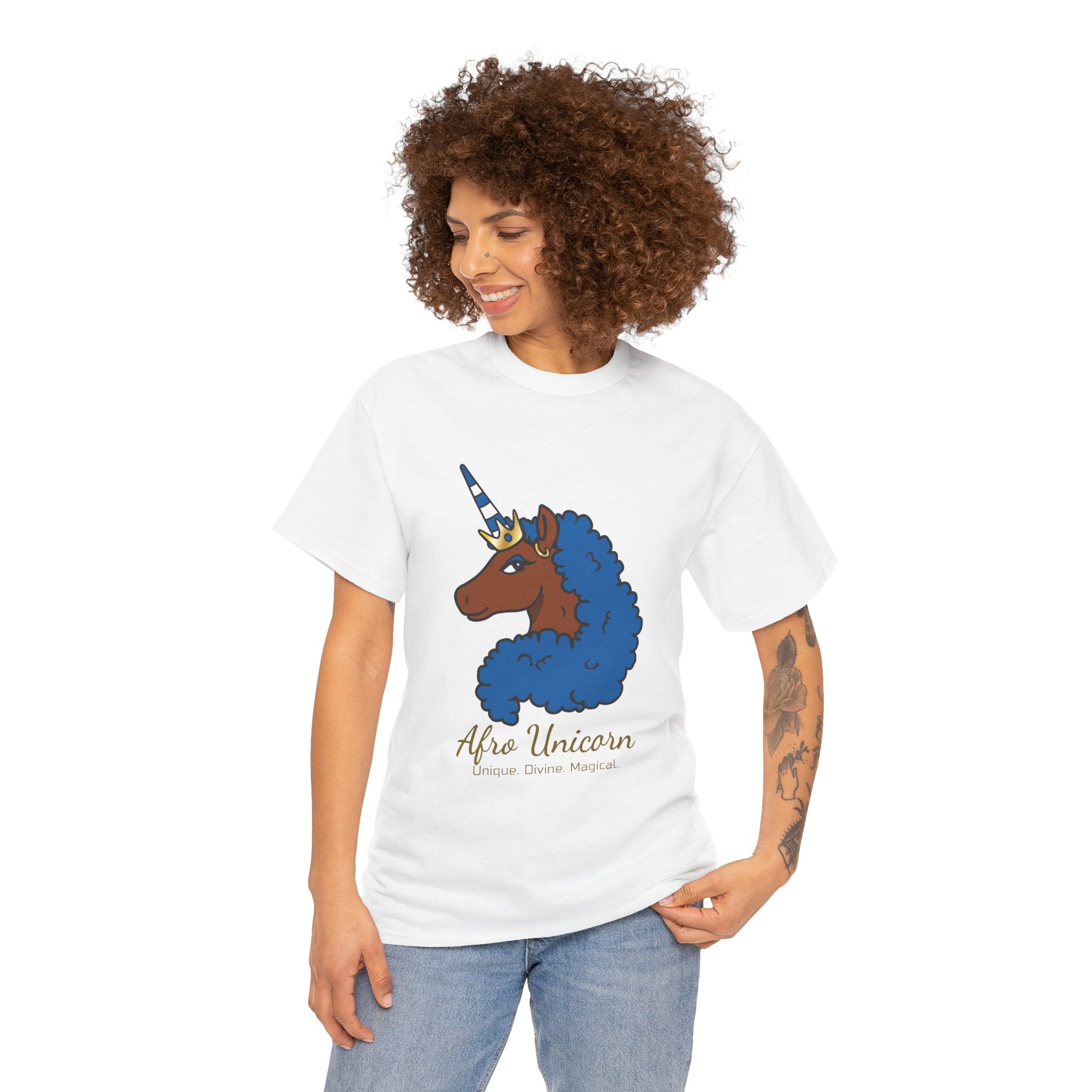 Adult - Afro Unicorn Blue & White Tee