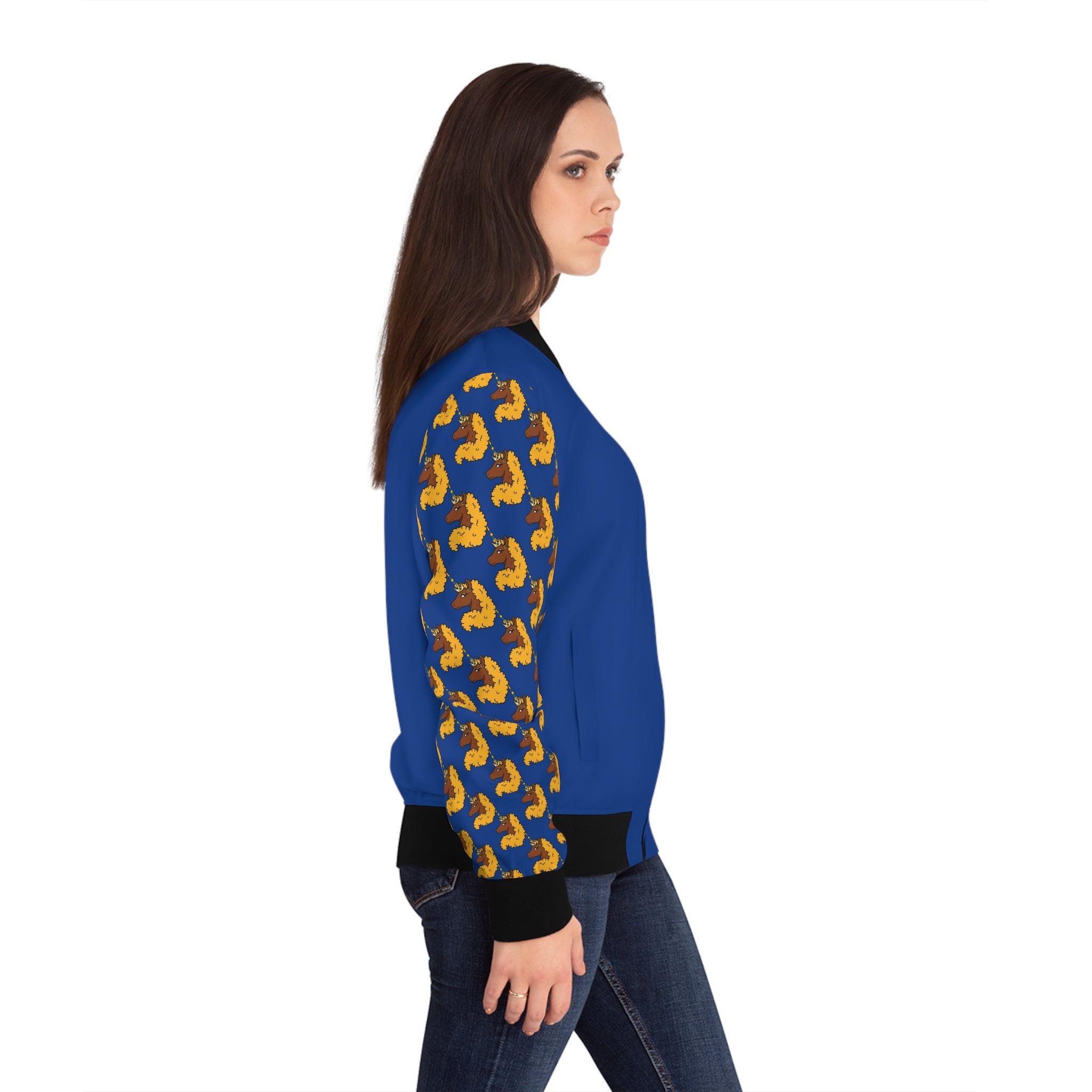 Women's Bomber Jacket - Afro Unicorn Lightweight Blue & Gold