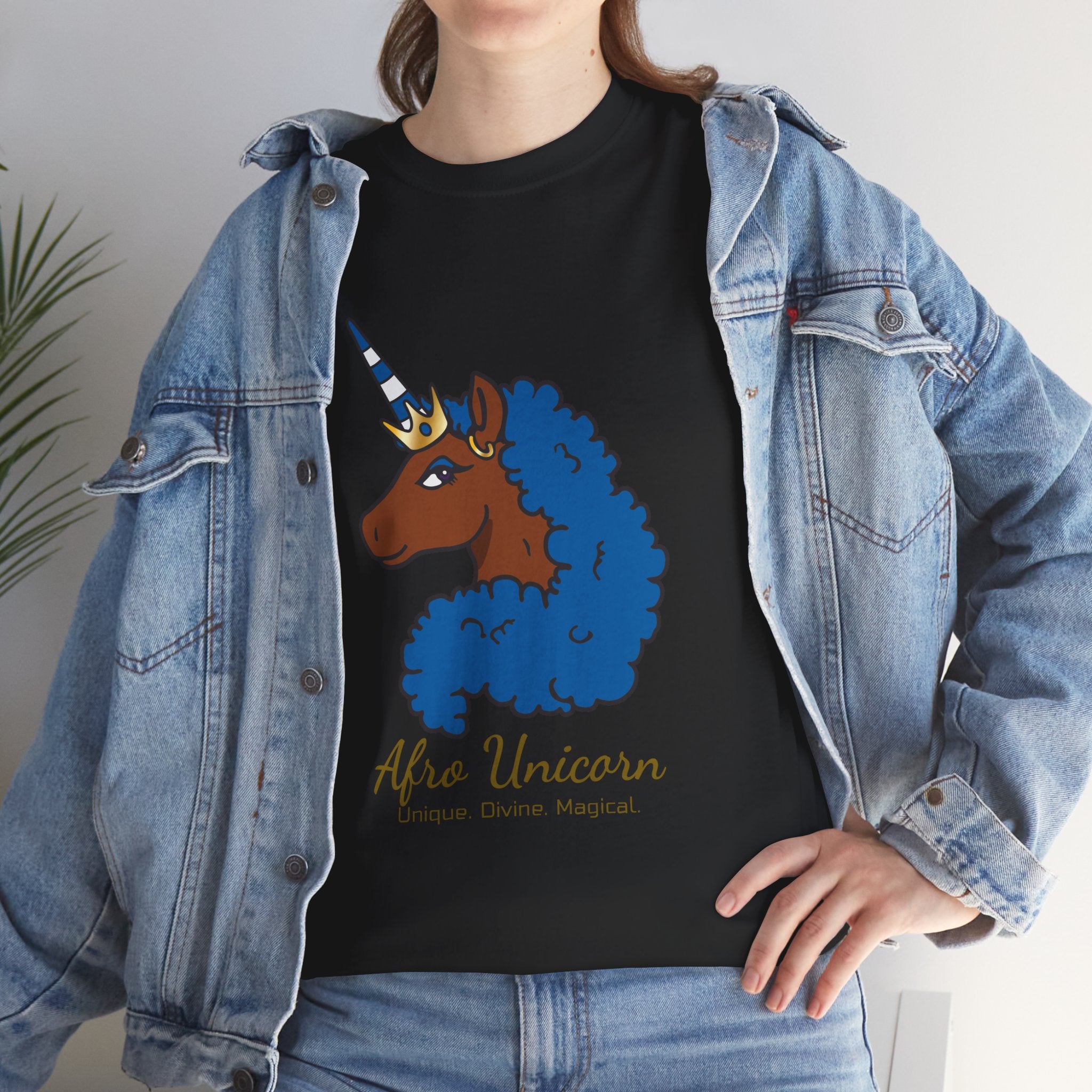 Adult - Afro Unicorn Blue & White Tee