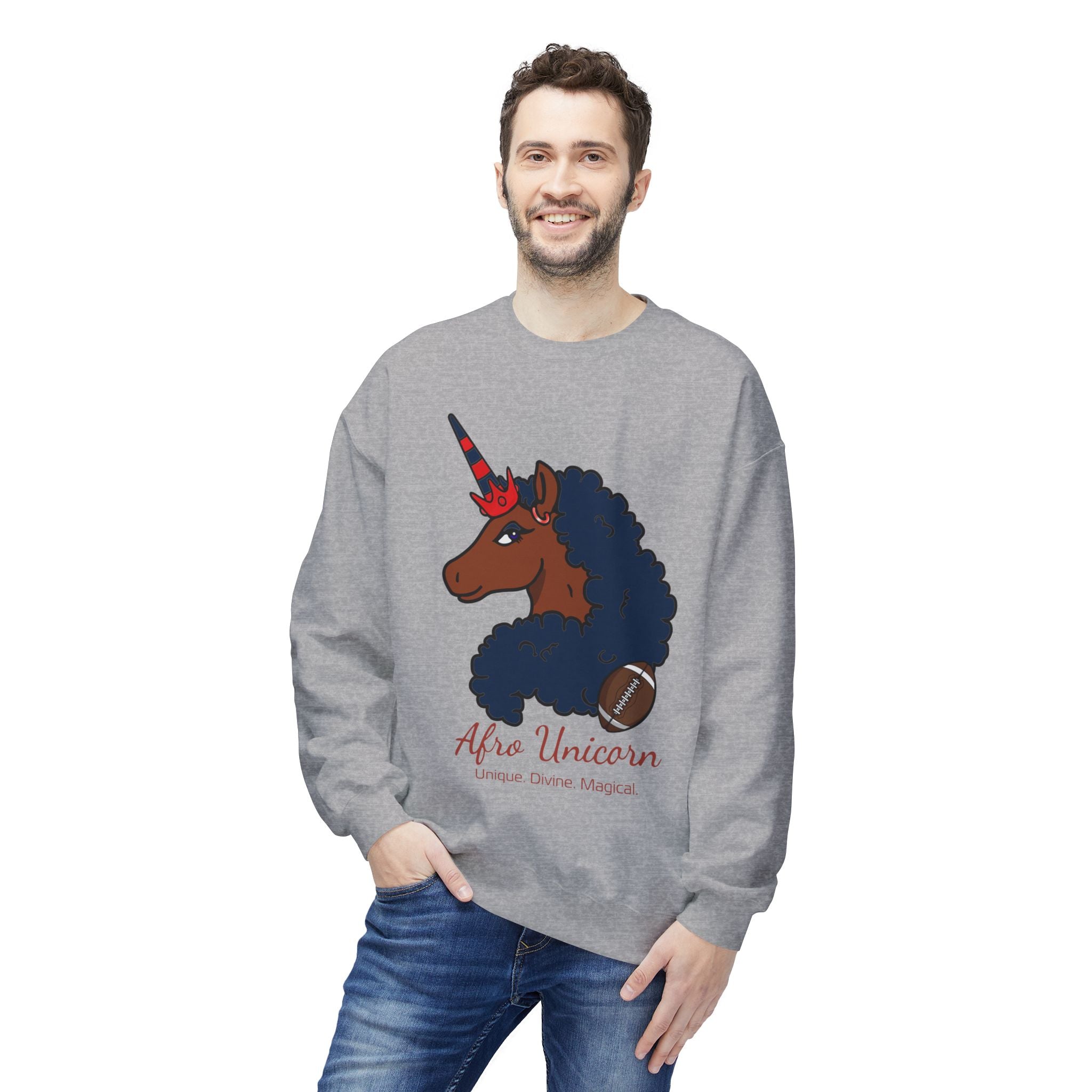 Afro Unicorn Fan Favs Sweatshirt – New England Navy & Red