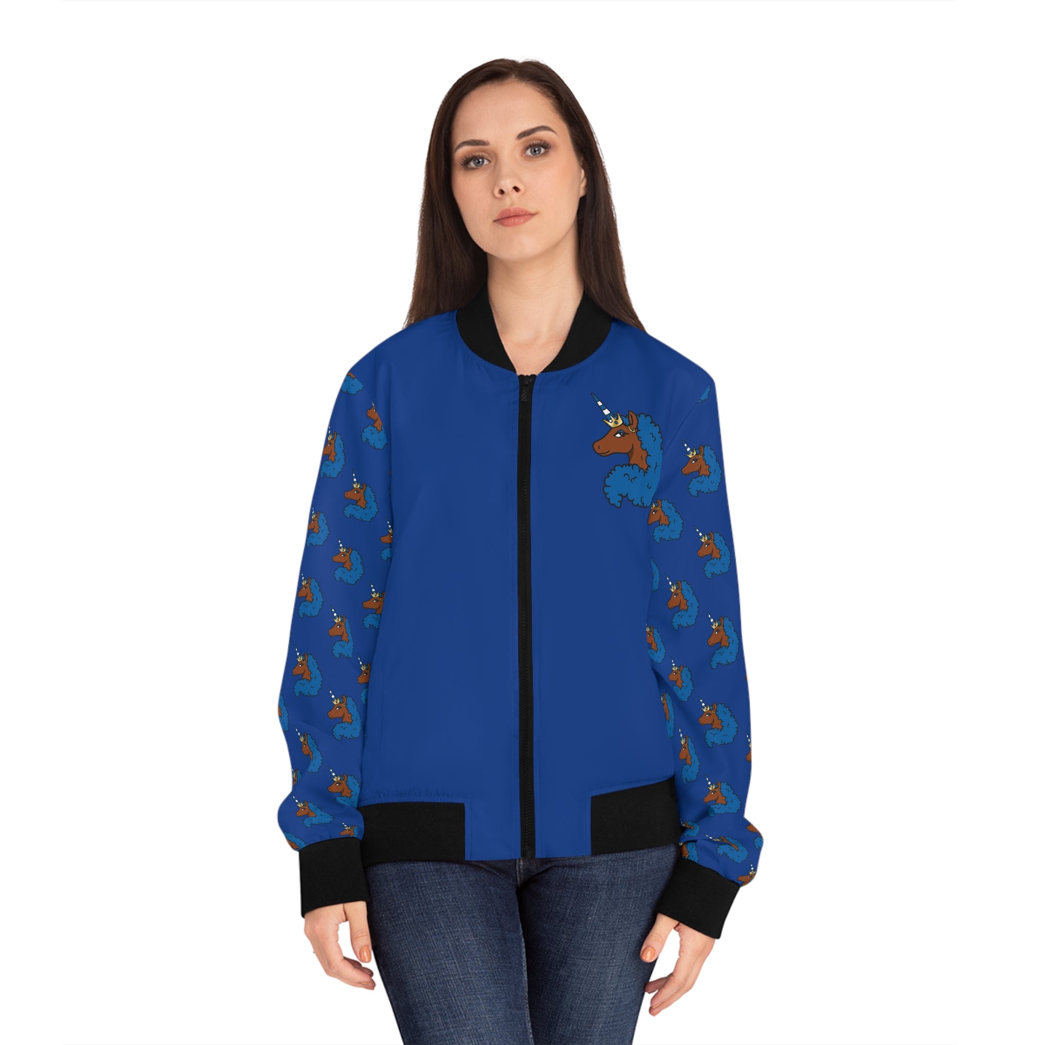 Afro Unicorn Royal Blue & White Women's Bomber Jacket — Lightweight