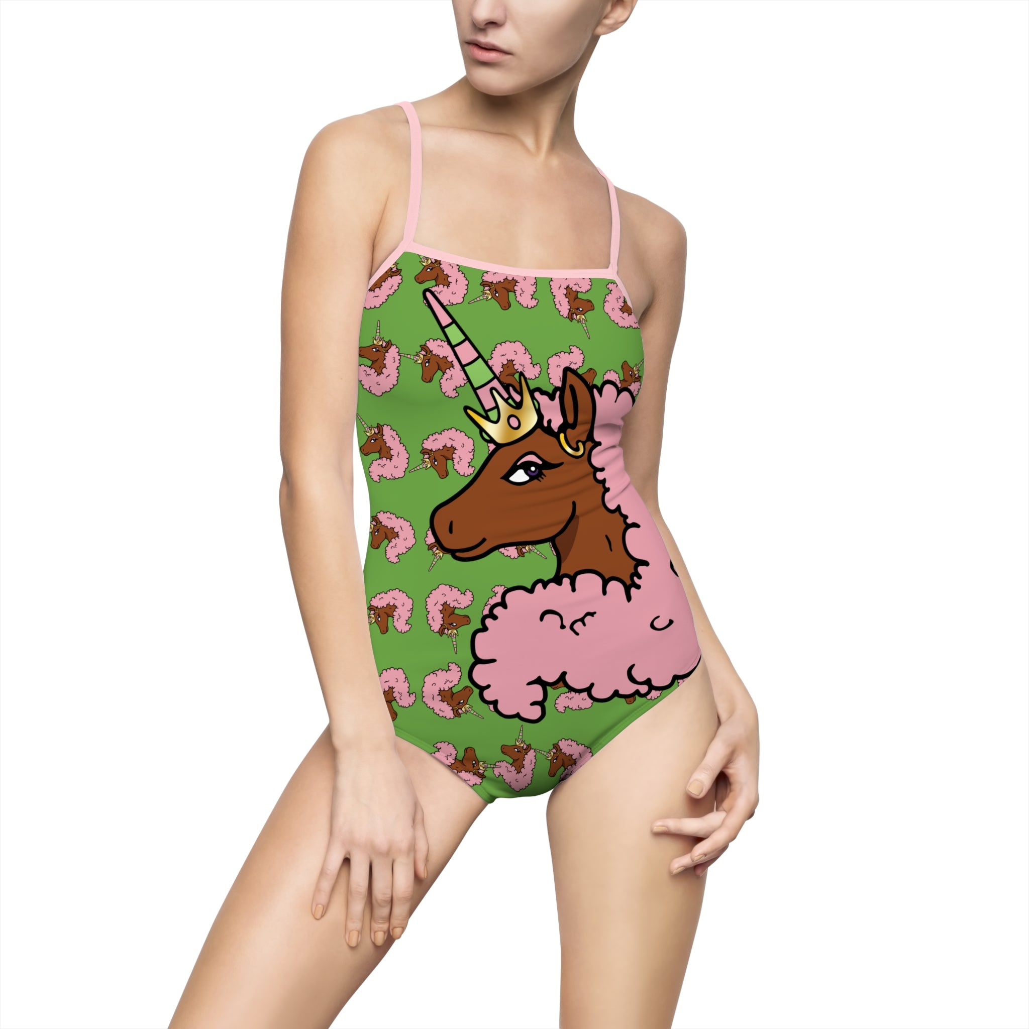 Afro Unicorn Pink & Green One-piece Swimsuit — D9 AKA Love