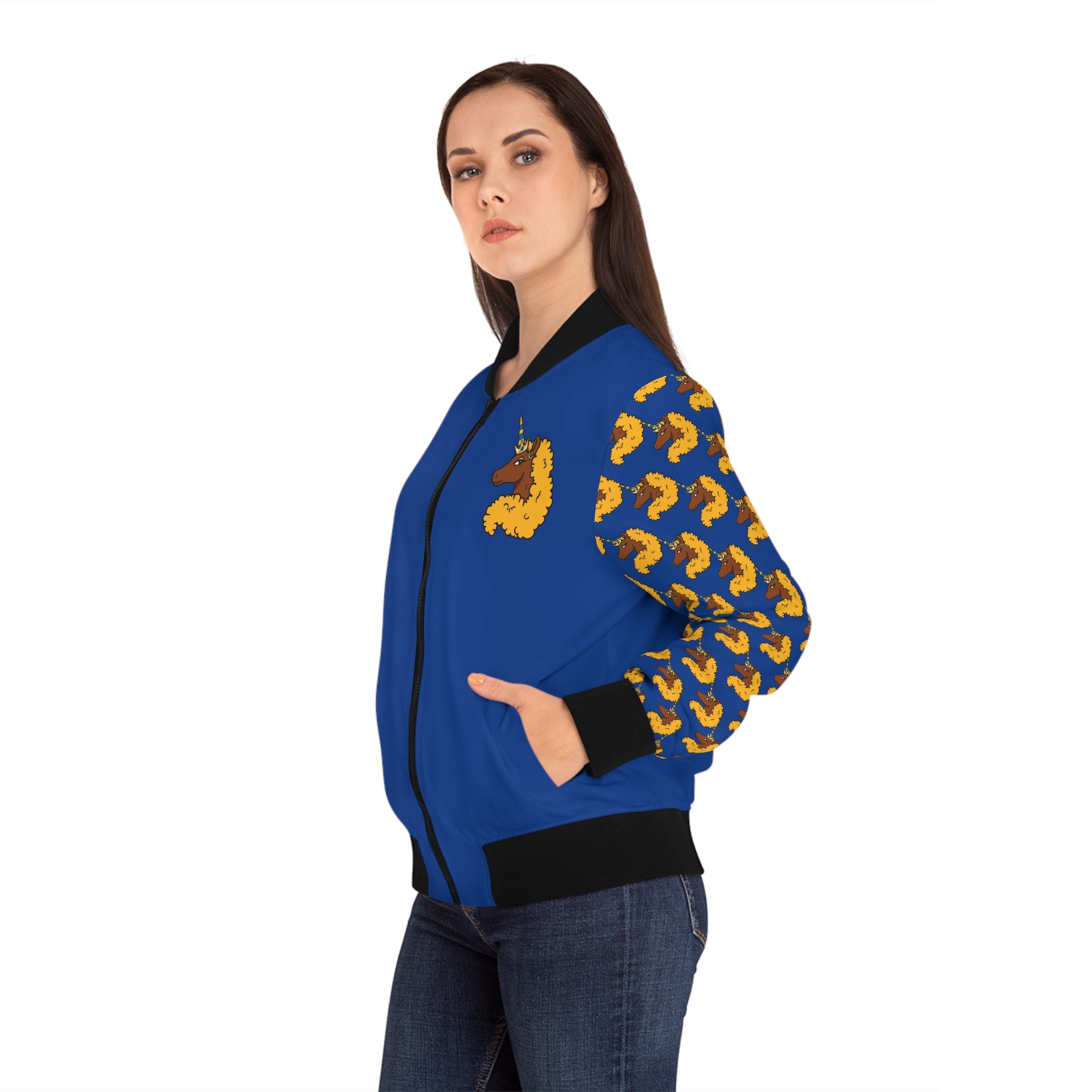 Women's Bomber Jacket - Afro Unicorn Lightweight Blue & Gold