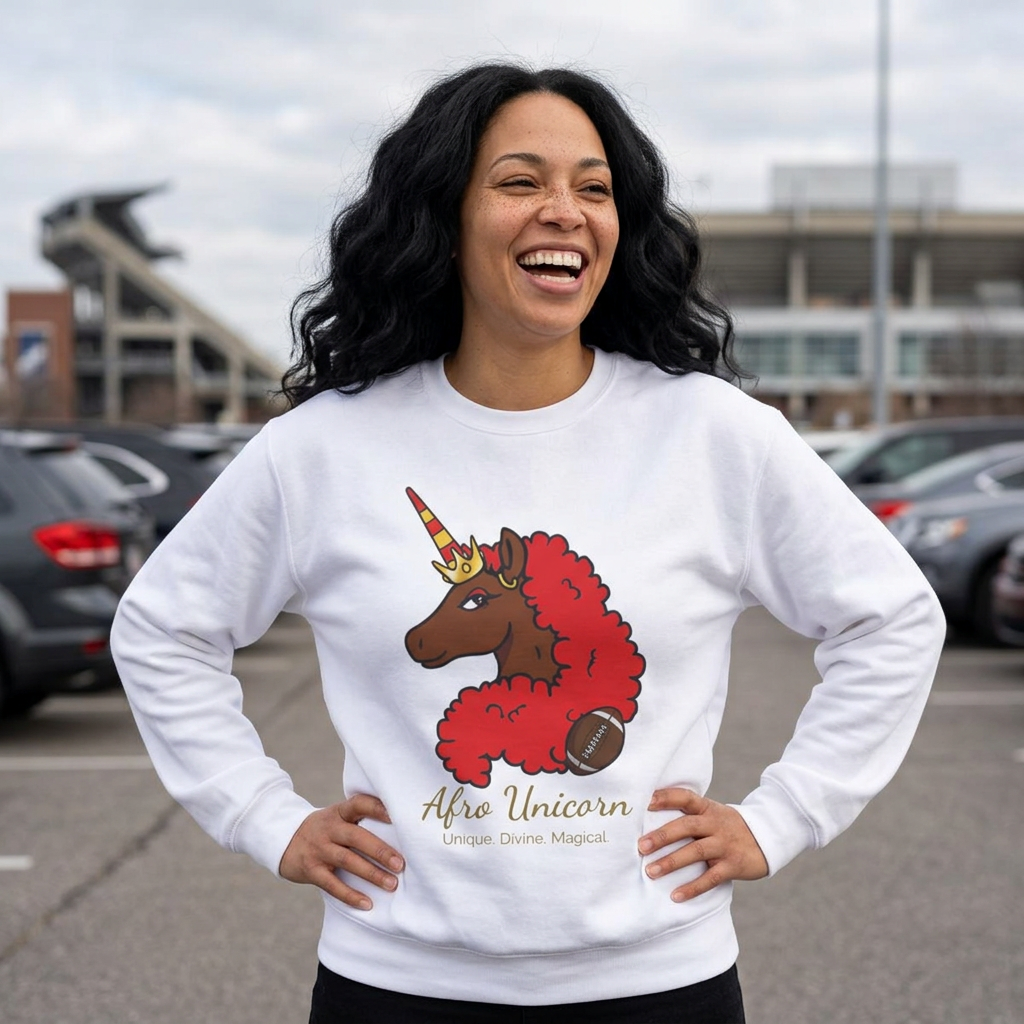 Afro Unicorn Fan Favs Sweatshirt – Kansas Red & Gold