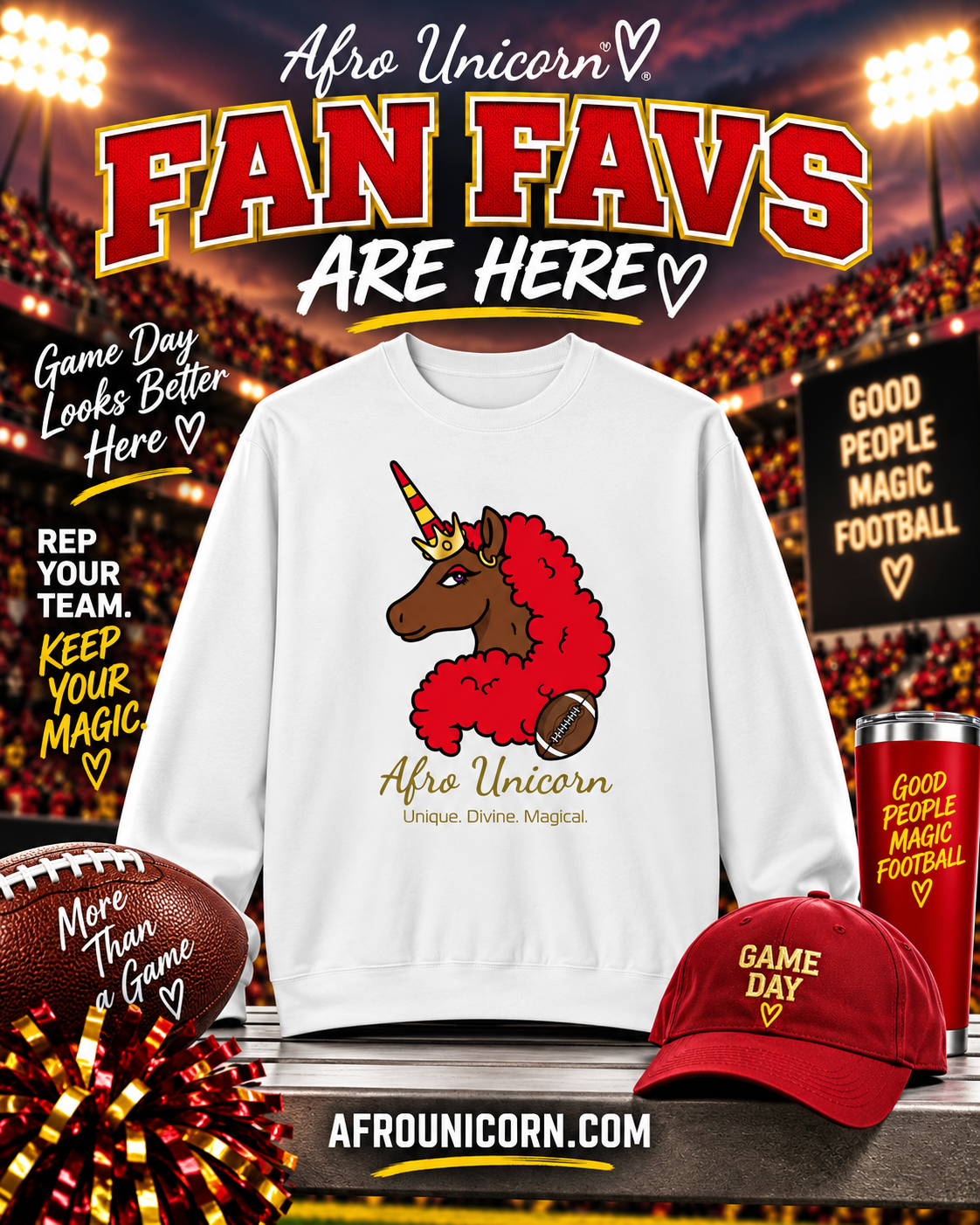 Afro Unicorn Fan Favs Sweatshirt – Kansas Red & Gold