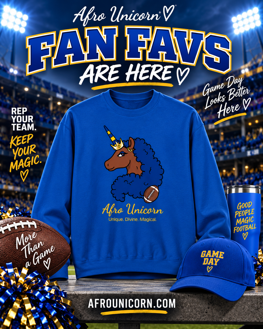 Afro Unicorn Fan Favs Sweatshirt – Los Angeles Royal & Gold