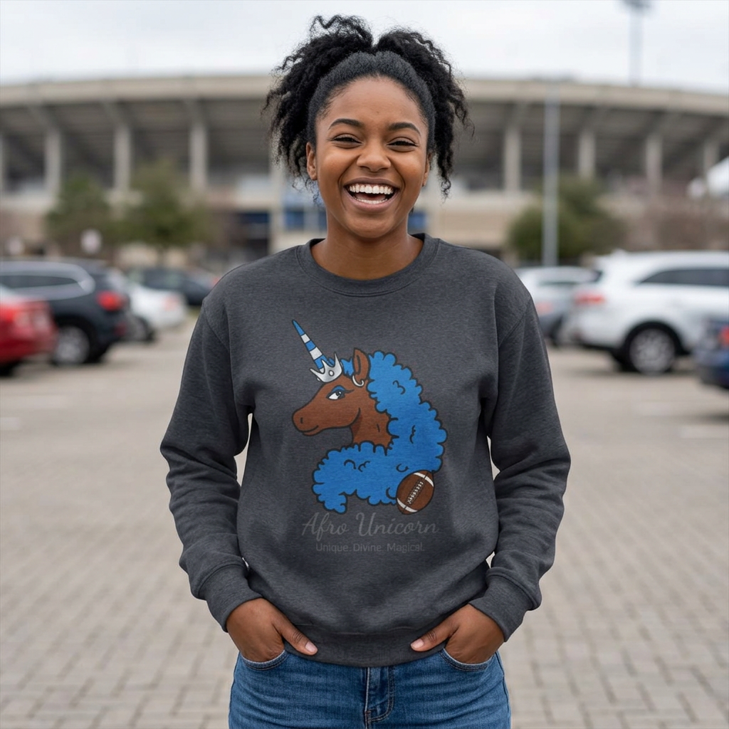 Afro Unicorn Fan Favs Sweatshirt – Detroit Honolulu Blue & Silver