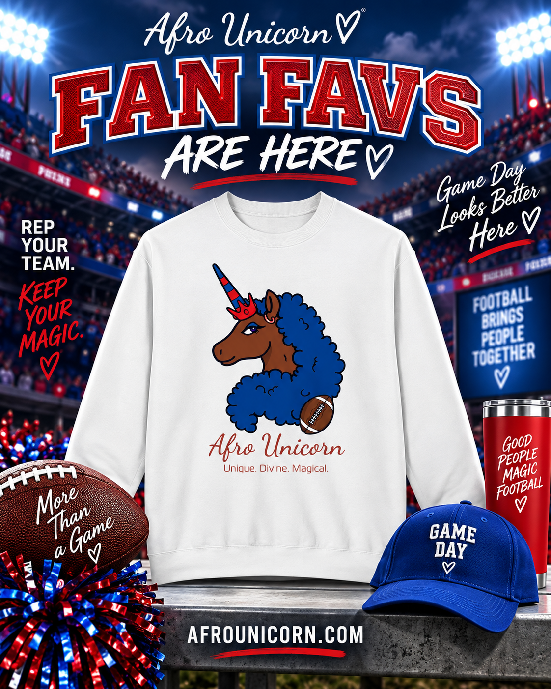 Afro Unicorn Fan Favs Sweatshirt – New England Navy & Red
