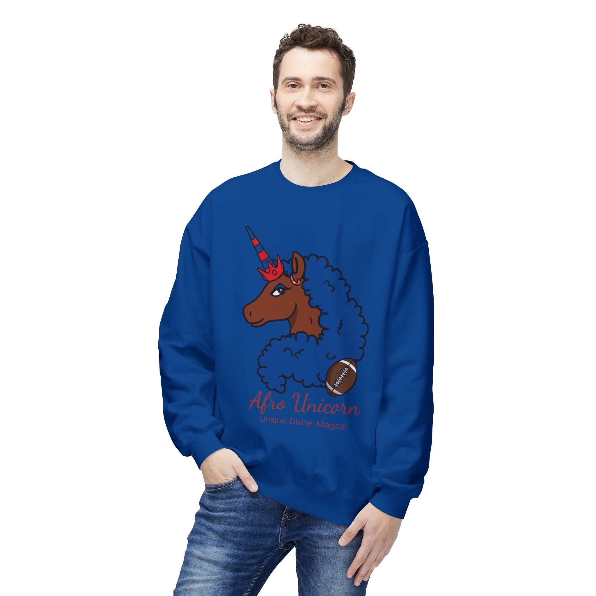 Afro Unicorn Fan Favs Sweatshirt – Buffalo Royal Blue & Red