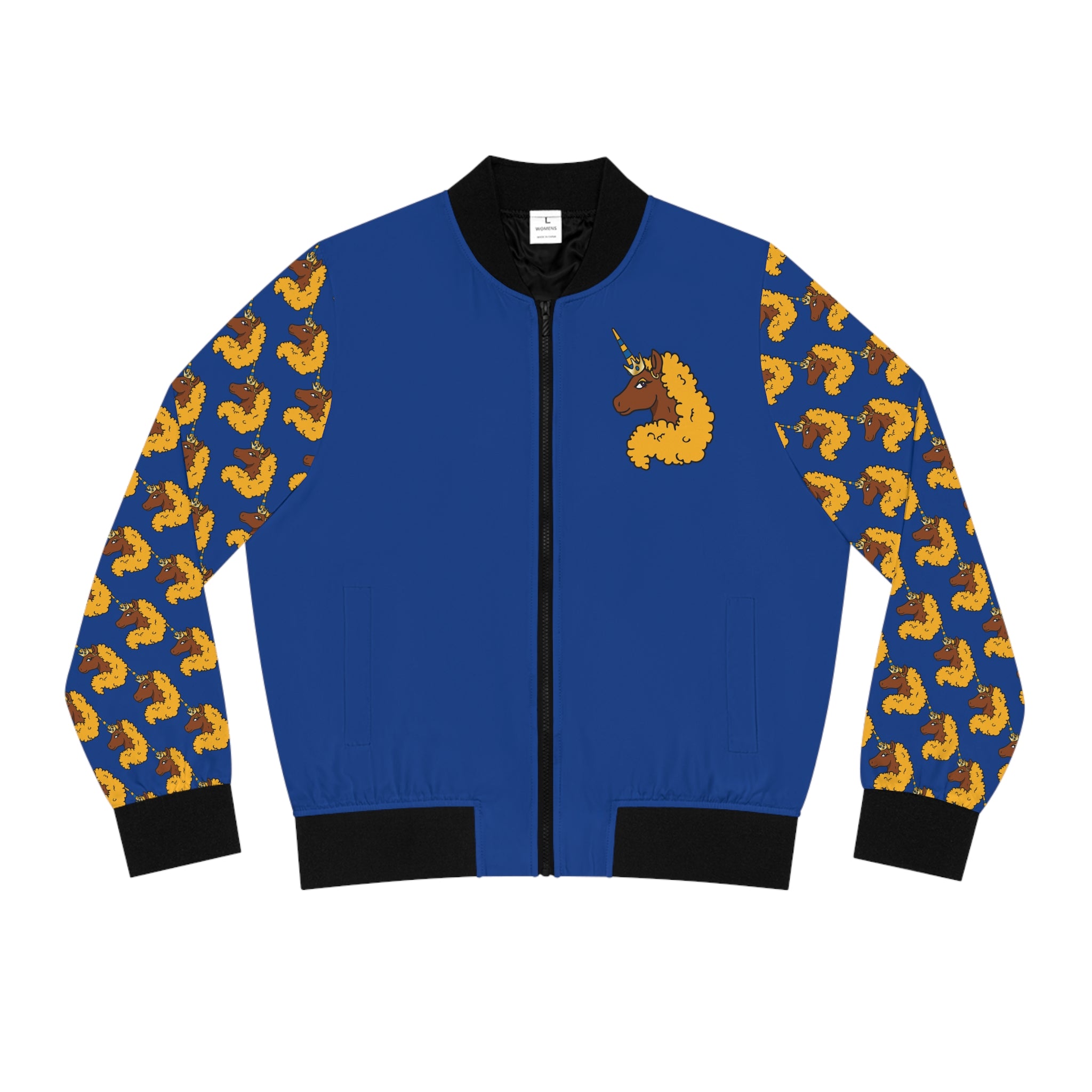 Women's Bomber Jacket - Afro Unicorn Lightweight Blue & Gold