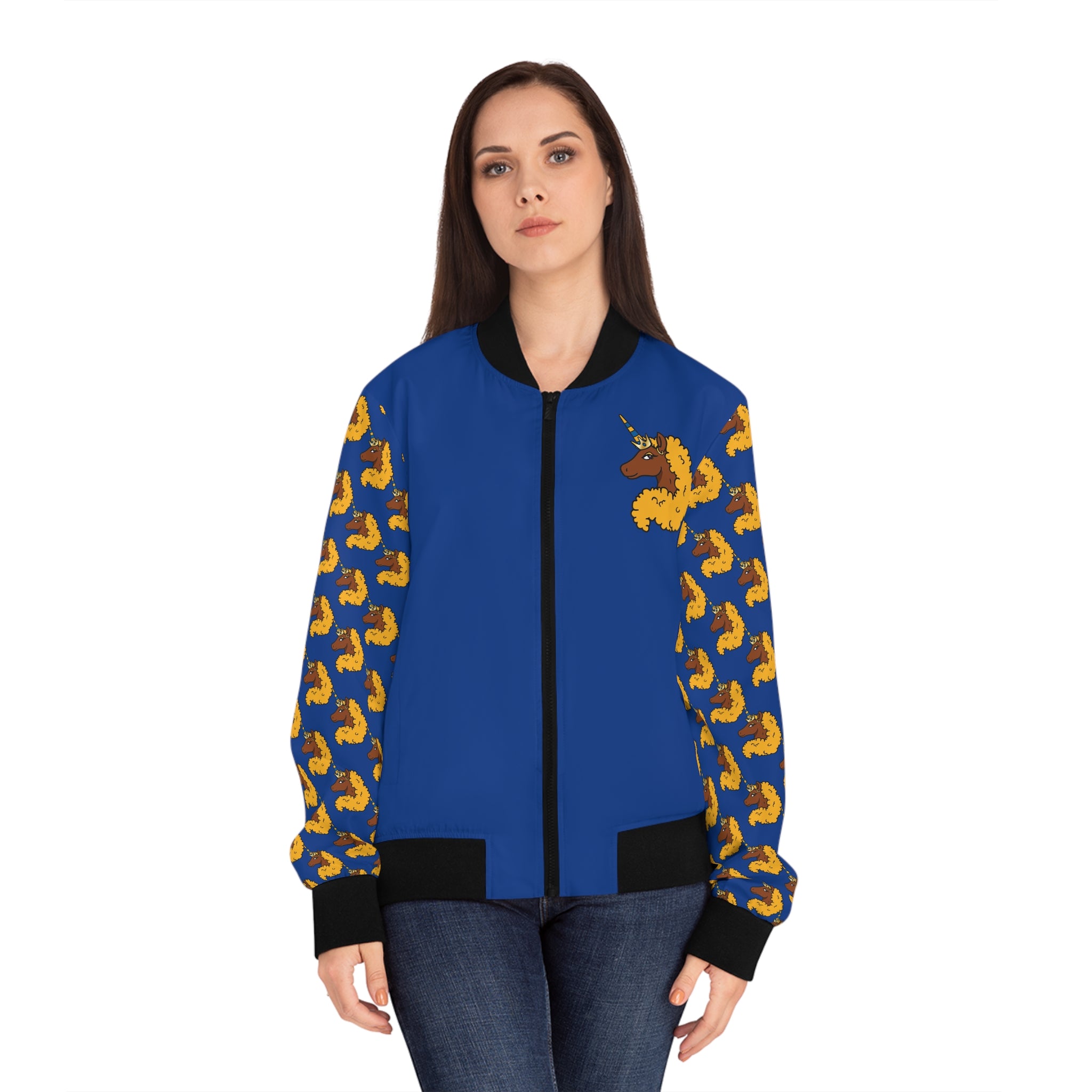 Women's Bomber Jacket - Afro Unicorn Lightweight Blue & Gold