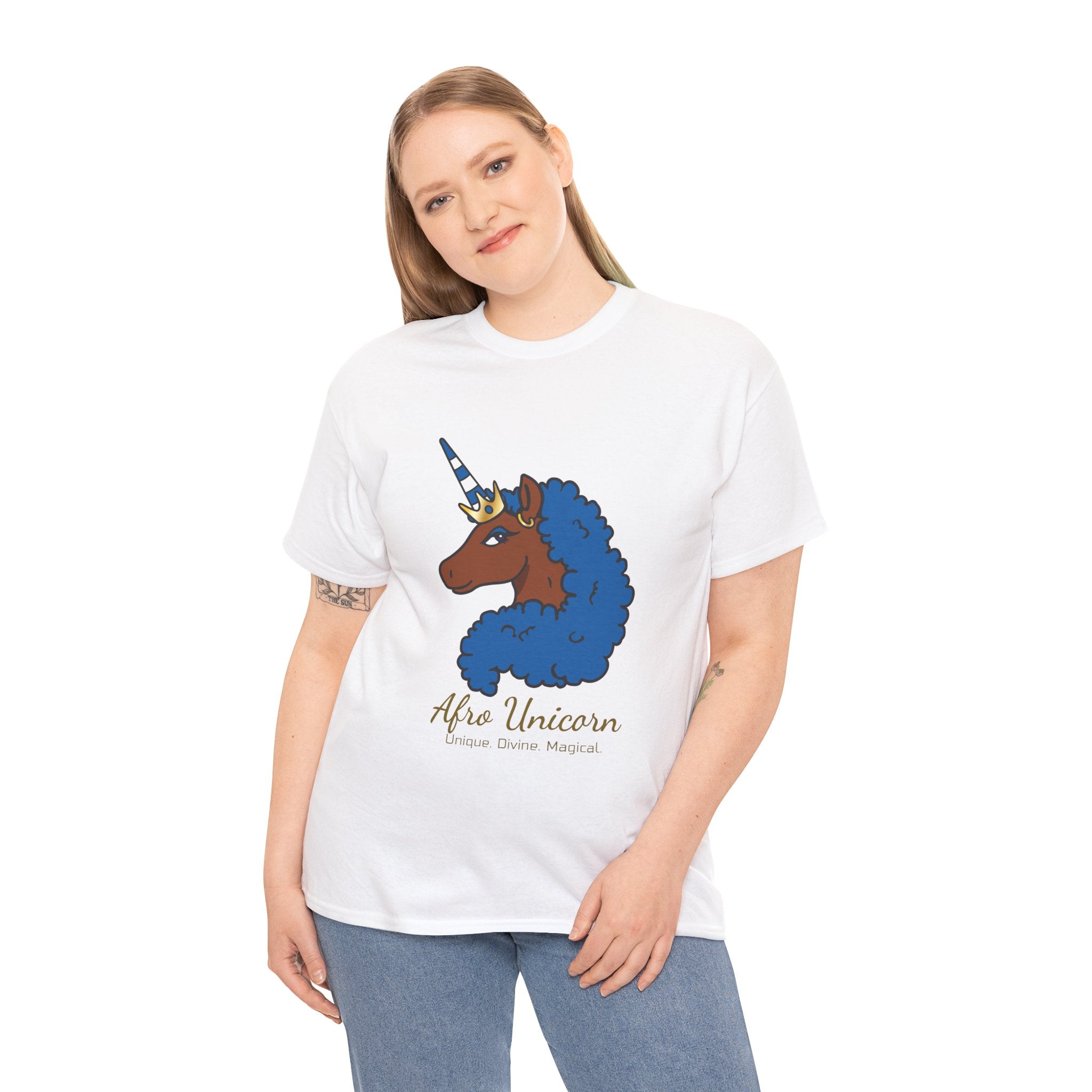 Adult - Afro Unicorn Blue & White Tee