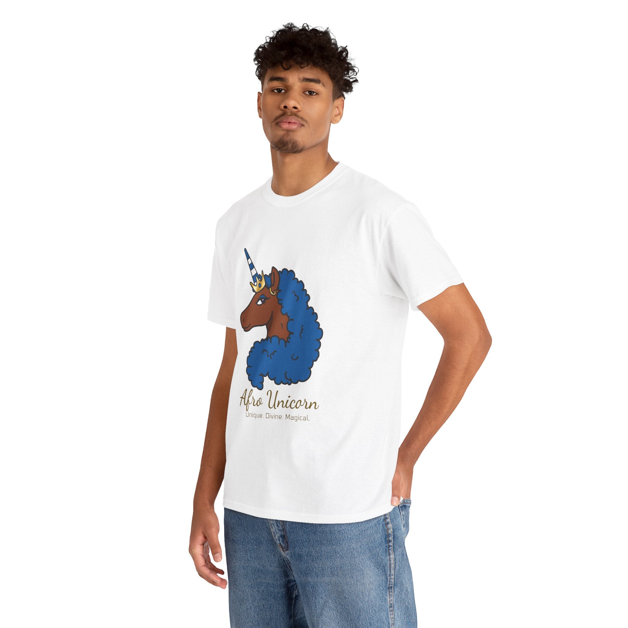 Adult - Afro Unicorn Blue & White Tee