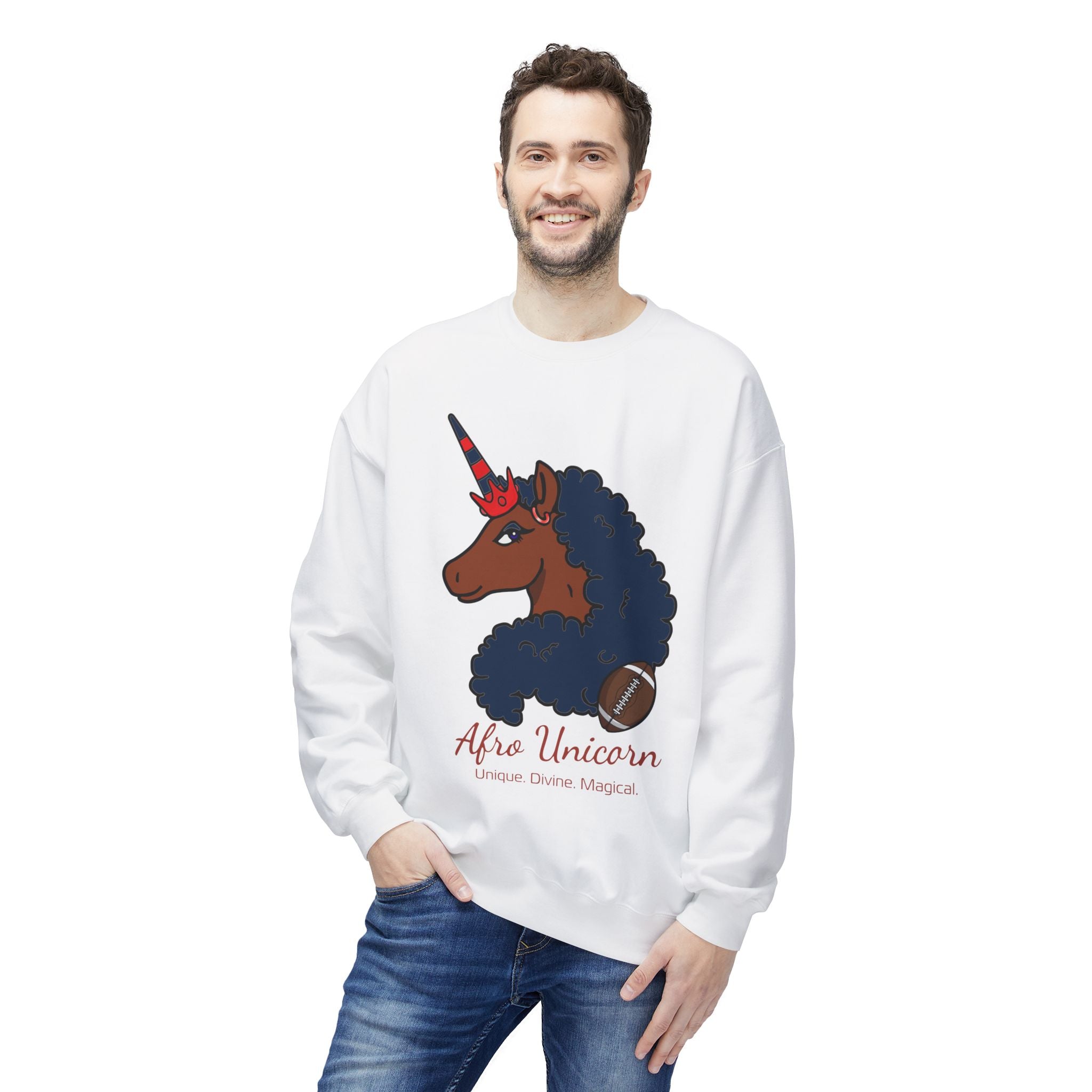 Afro Unicorn Fan Favs Sweatshirt – New England Navy & Red