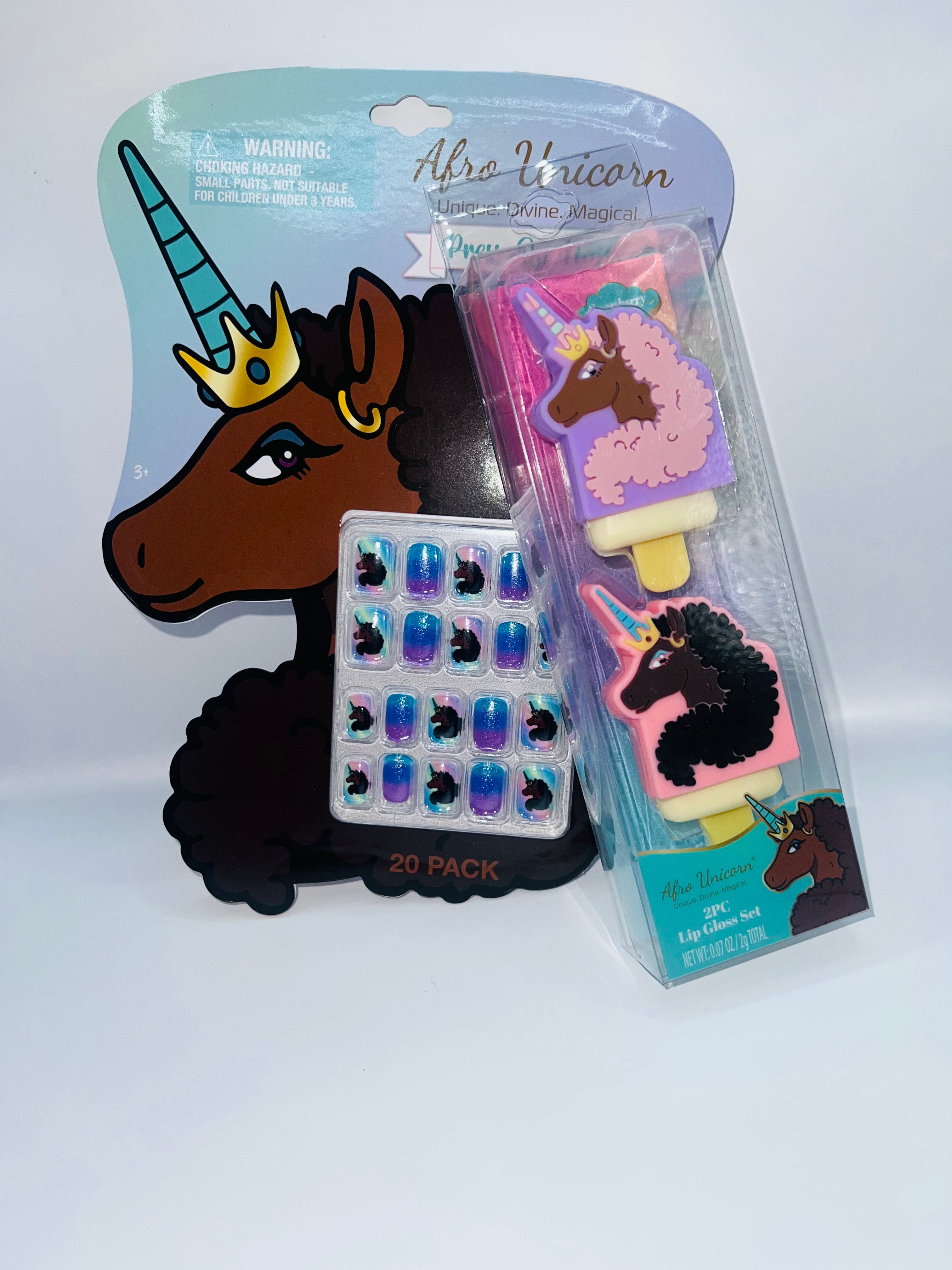 Afro Unicorn Press-On Nails and Two-Piece Lip Gloss Set