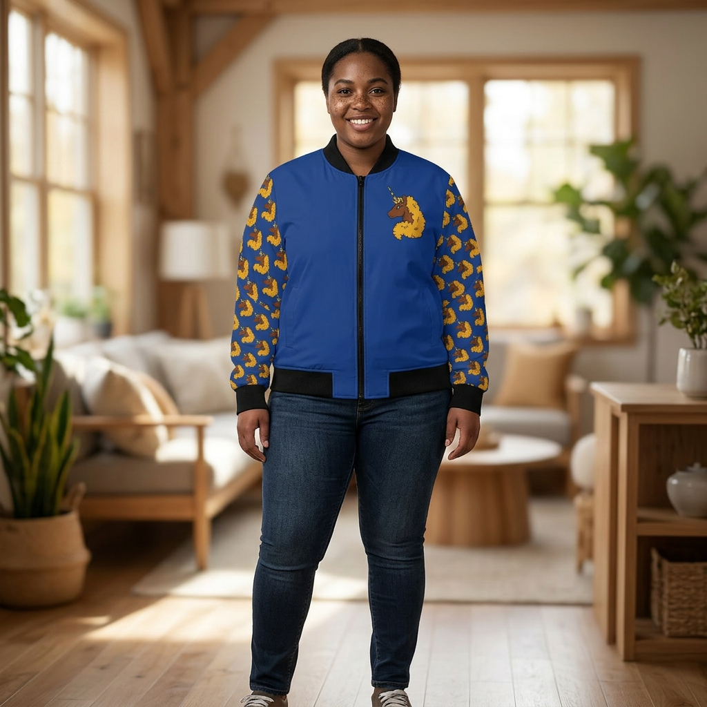 Women's Bomber Jacket - Afro Unicorn Lightweight Blue & Gold