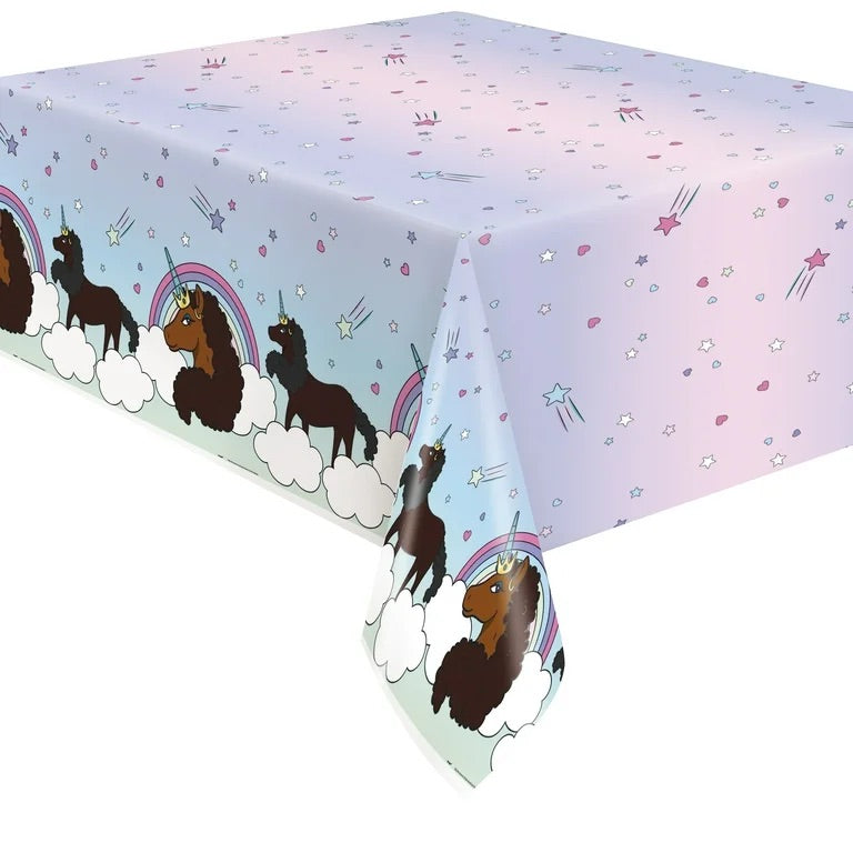 Afro Unicorn® Plastic Table Cover – Unicorn Birthday Party Table Decoration (54 in x 84 in)