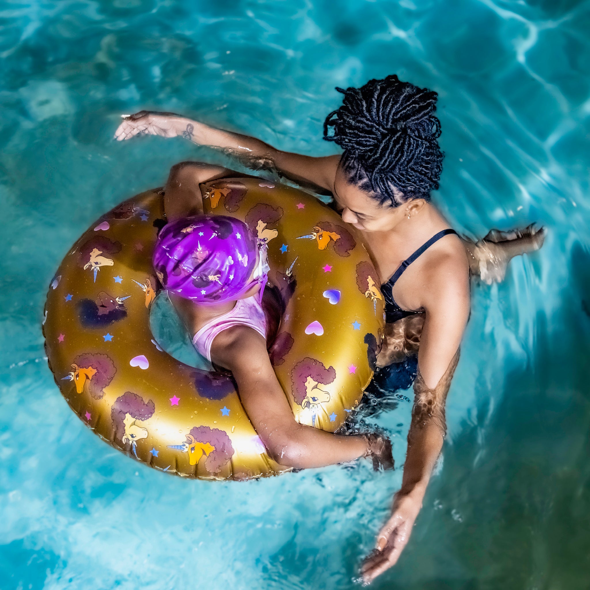 Afro Unicorn Fun in the Sun Floatie Kit with 27" Gold Ring Float, 2pc Arm Swimmies, 1pc Swim Cap and Goggles