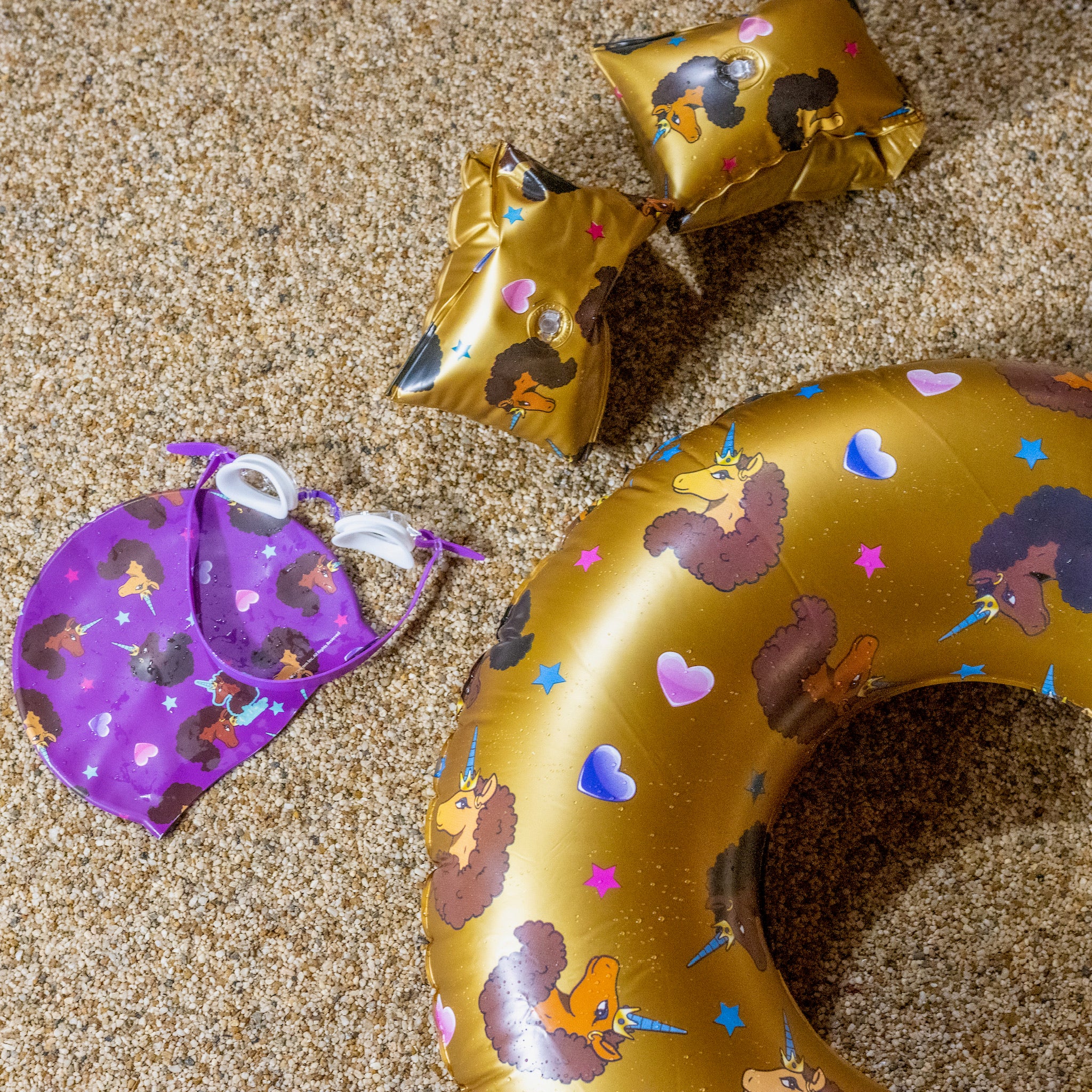 Afro Unicorn Fun in the Sun Floatie Kit with 27" Gold Ring Float, 2pc Arm Swimmies, 1pc Swim Cap and Goggles