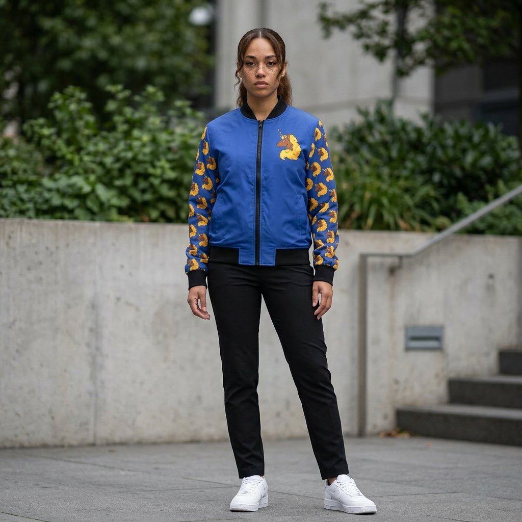 Women's Bomber Jacket - Afro Unicorn Lightweight Blue & Gold