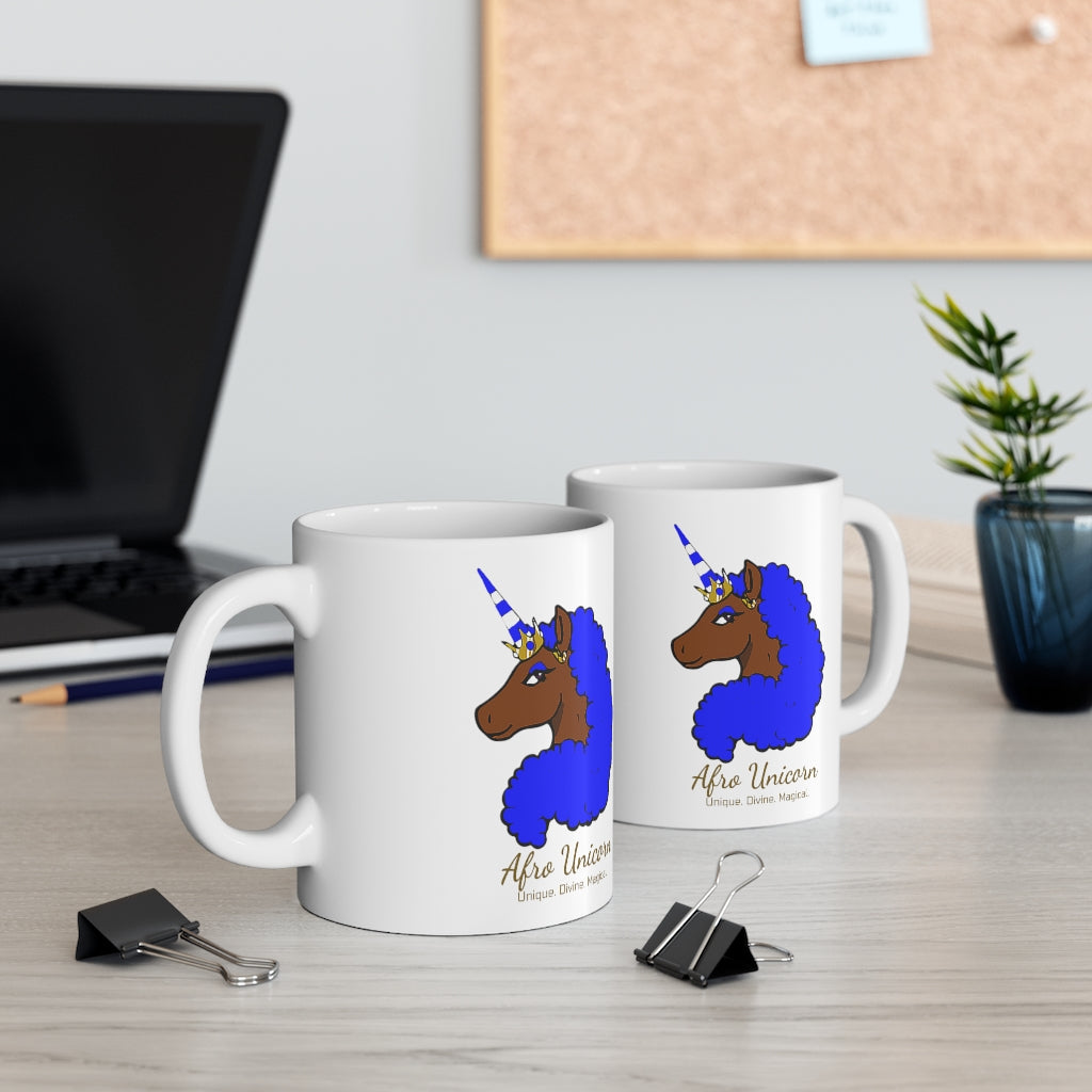 Afro Unicorn Blue & White Mug