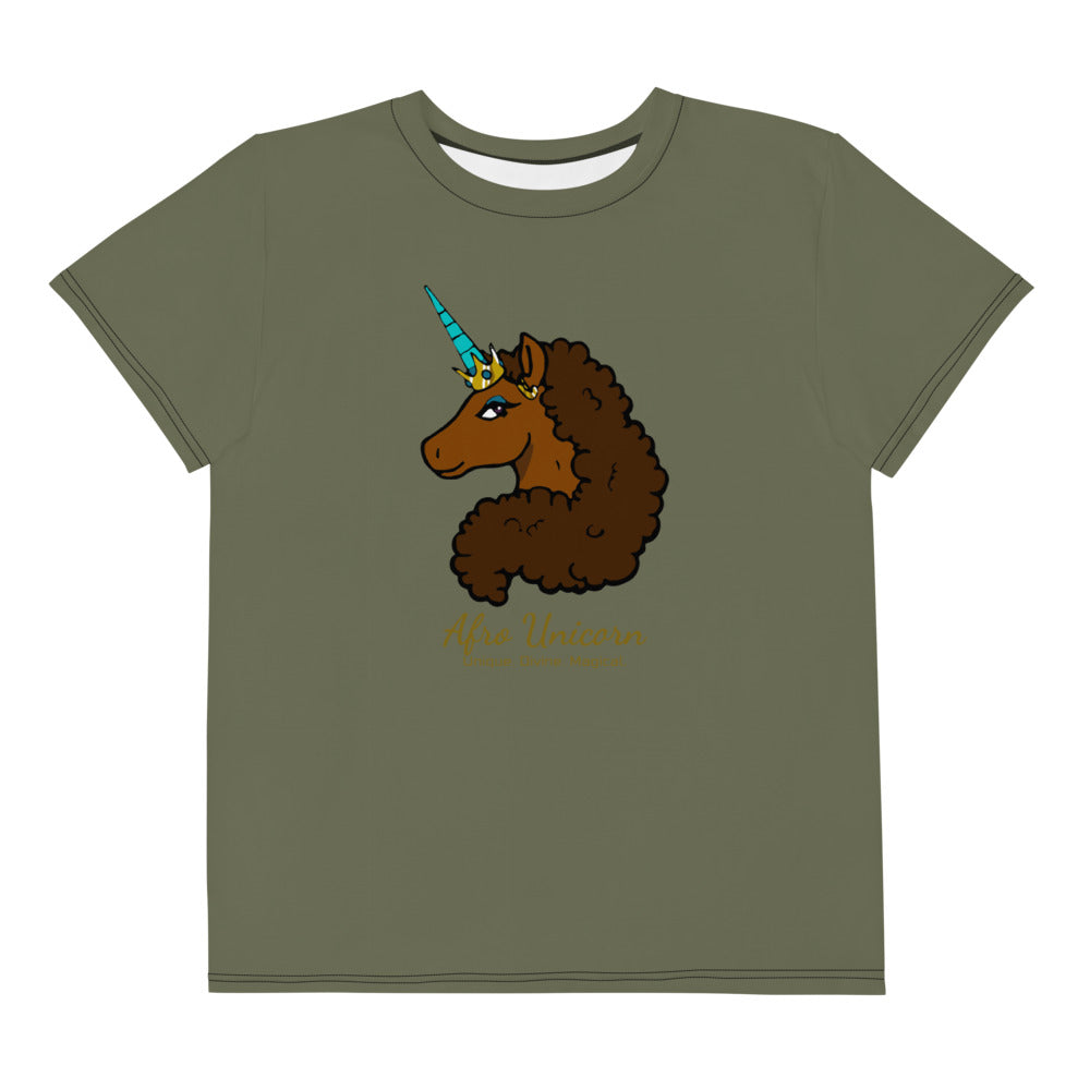 Afro Unicorn Youth Crew Neck T-shirt - Military Green